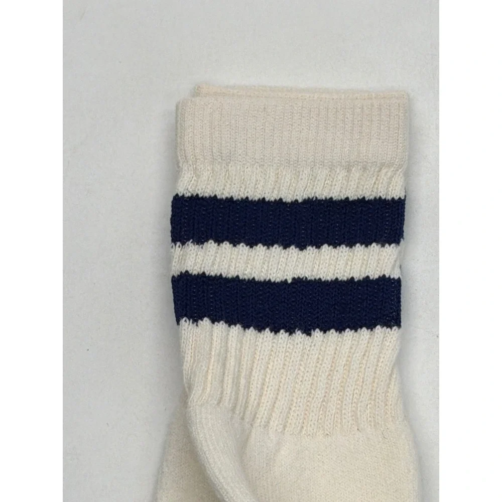 Vintage Retro Athletic Tube Socks Cream Navy Blue Striped Mid Calf Unisex